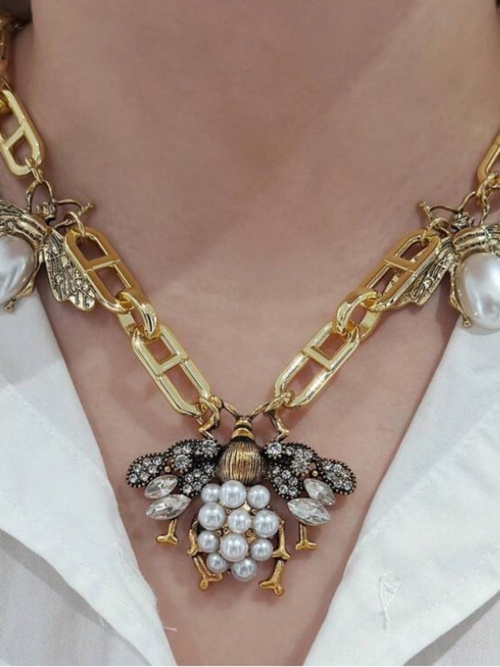 Baroque Honeybee  Pendant Necklace with Pearls